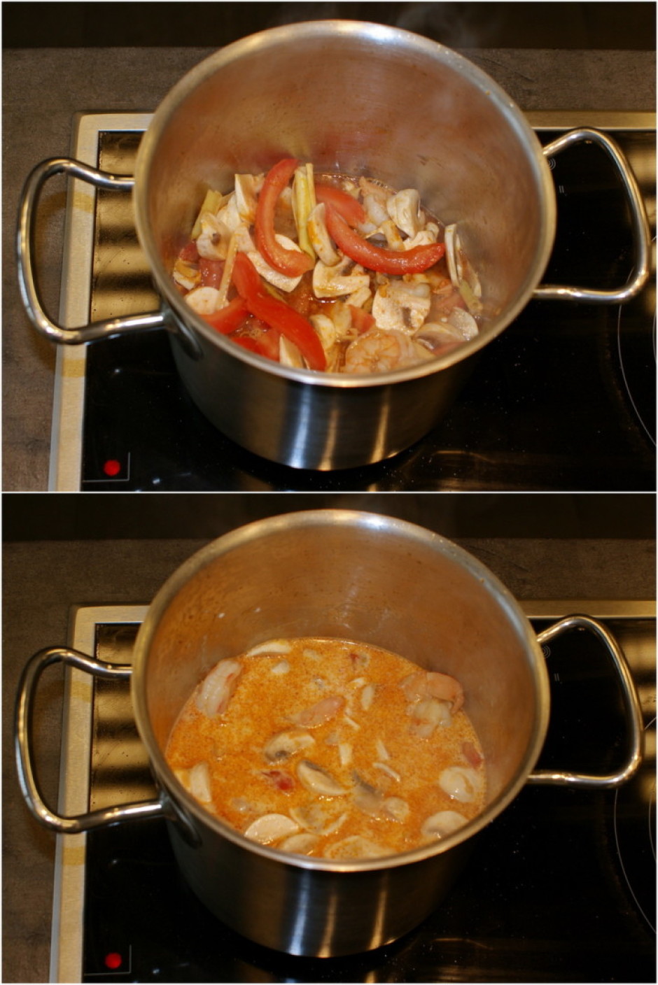 Kad zupa jau gandrīz gatava, pievieno tomātus un zivju mērci...