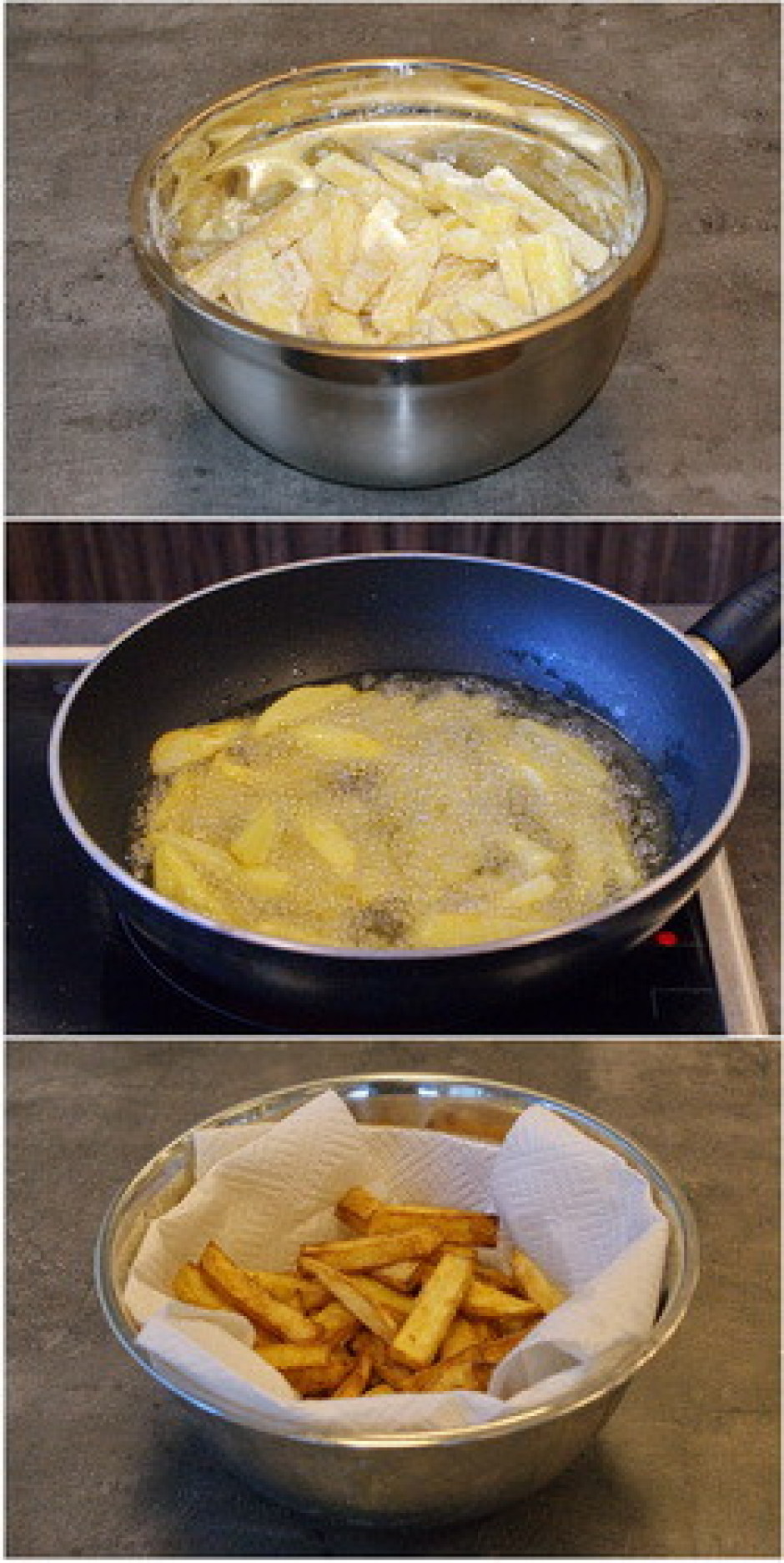 Kartupeļus izņem no eļļas un novieto uz salvetes, lai tā uzs...