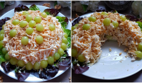Tifānijas salāti ar vistu, smadzeņu riekstiem, vīnogām un sieru